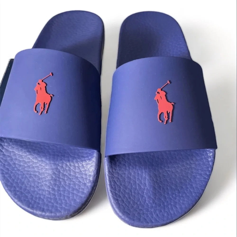 🖤🖤 NWT Polo Ralph Lauren Men’s Pony Slides Sandals Blue With Red Pony